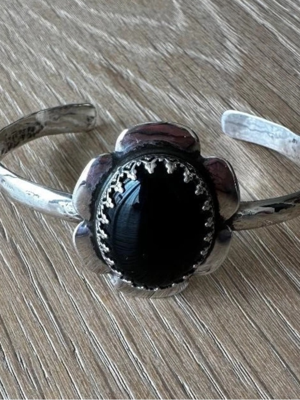 Sterling Silver Black Onyx Scalloped Floral Cuff Bracelet Unmarked